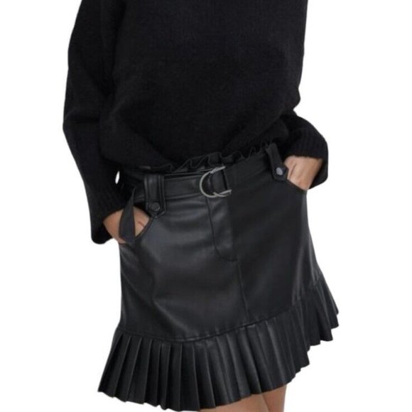 ZARA FAUX LEATHER PLEATED MINI skirt Sz Small *NO BELT* ACADEMIA PREPPY ROCK NWT - Picture 3 of 16